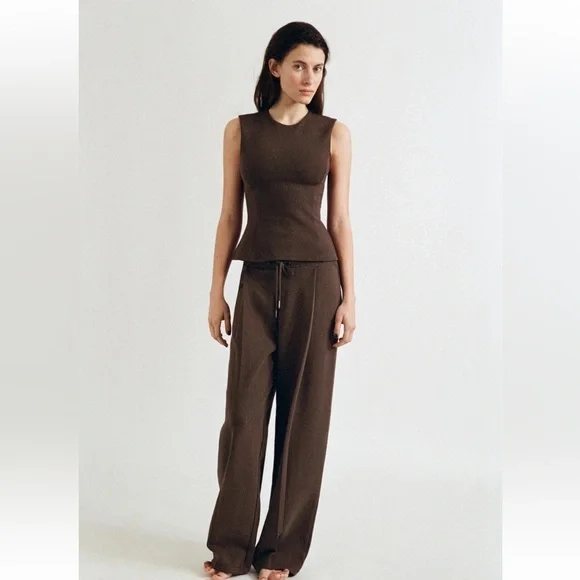 Zara Interlock Peplum Top & Pants Set Dark Brown Size Medium NWT - Picture 5 of 10
